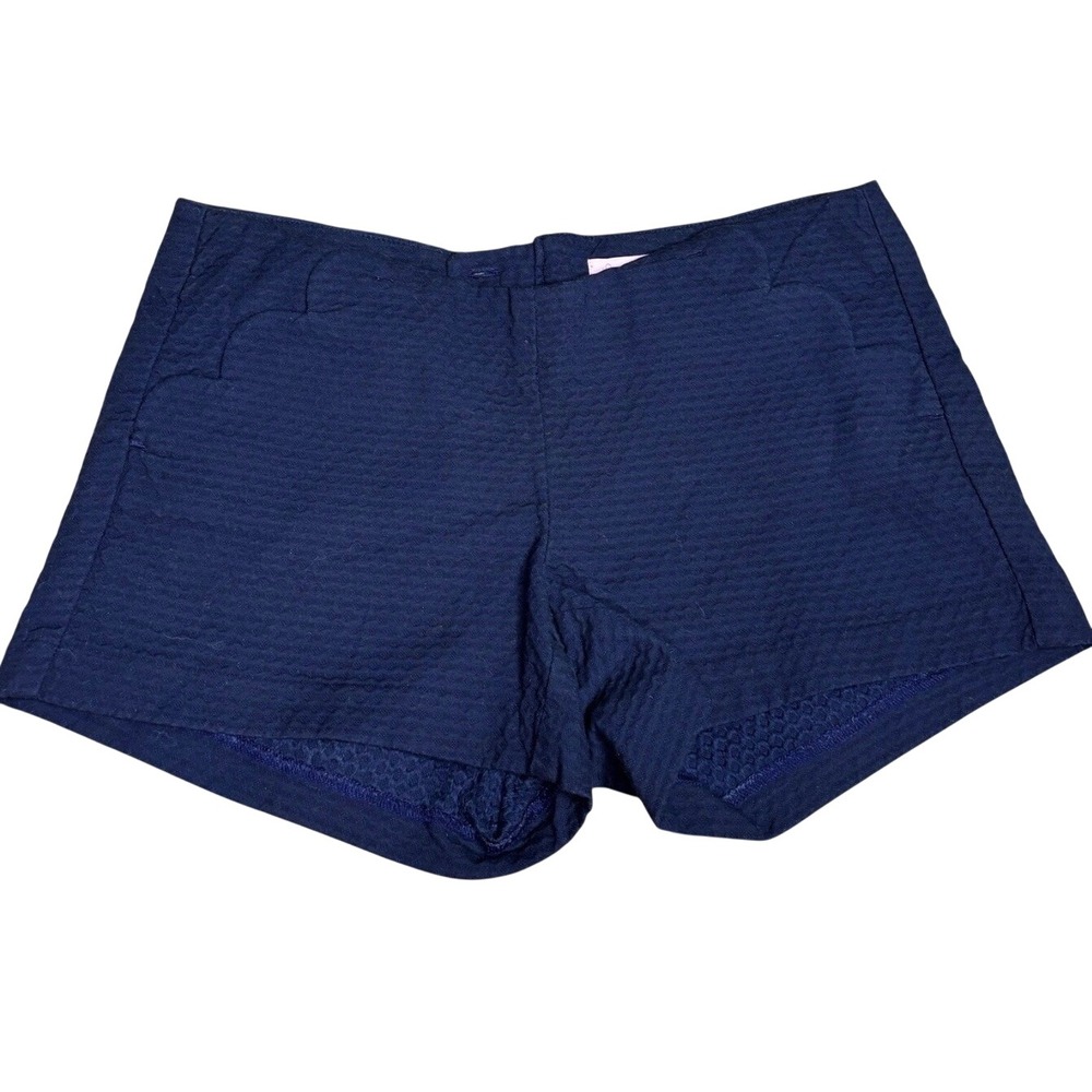 Lilly Pulitzer Navy Blue Seersucker Scalloped Pocket Shorts Size 6 Back Zip
